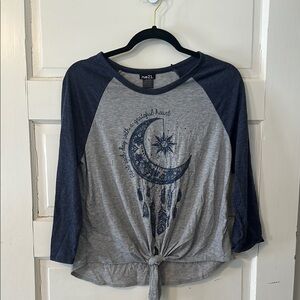 Rue21 Gray and Blue Raglan Tie Front T-Shirt
